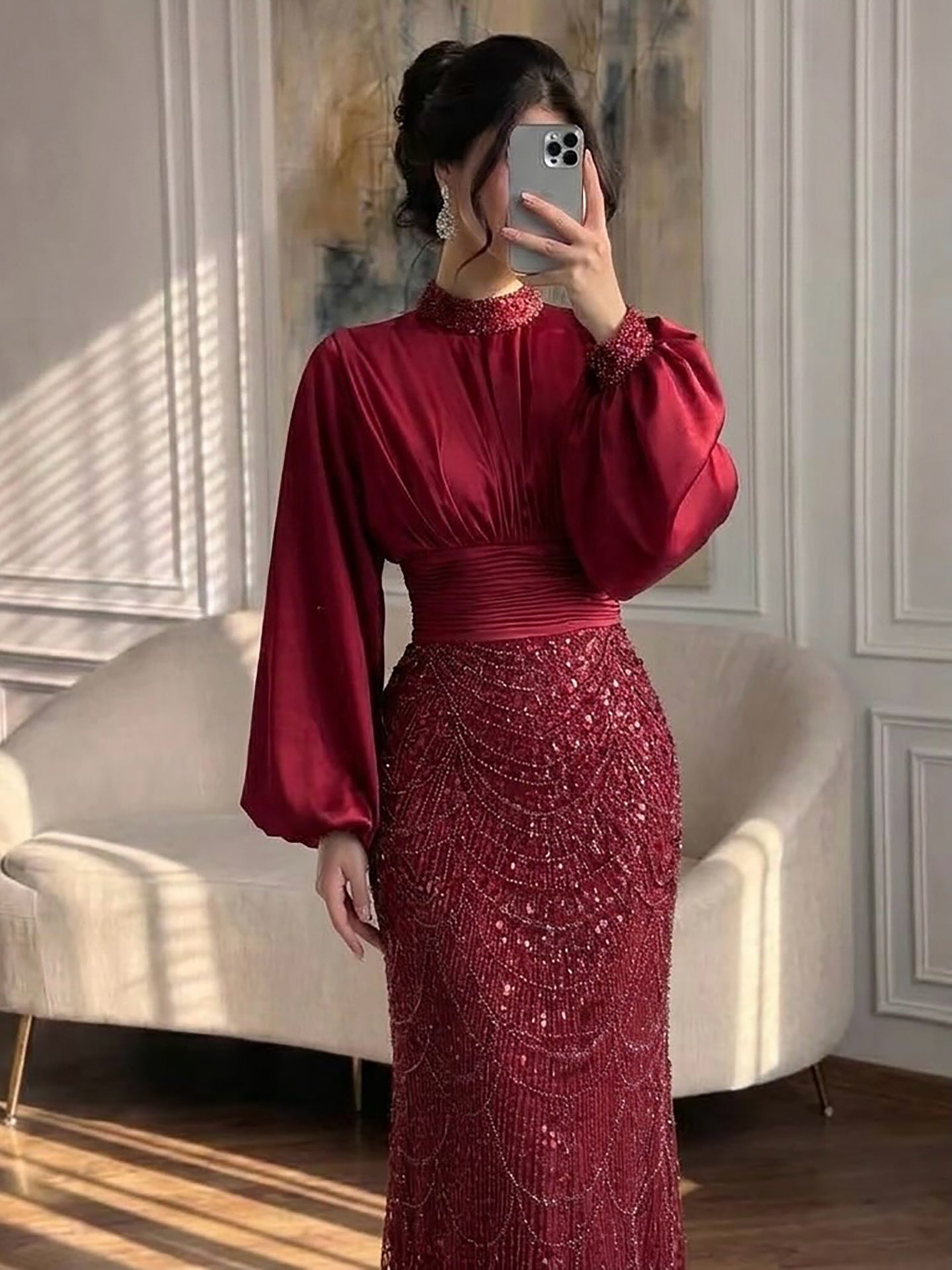Luxury Muslim Green Satin Beaded Mermaid Evening Dress CLA73676