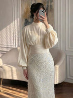 Luxury Muslim Green Satin Beaded Mermaid Evening Dress CLA73676