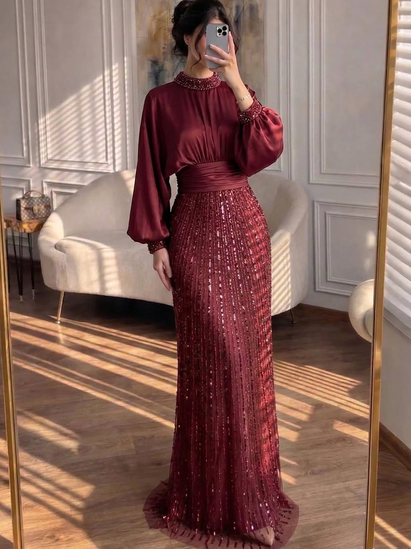 Luxury Muslim Green Satin Beaded Mermaid Evening Dress CLA73676