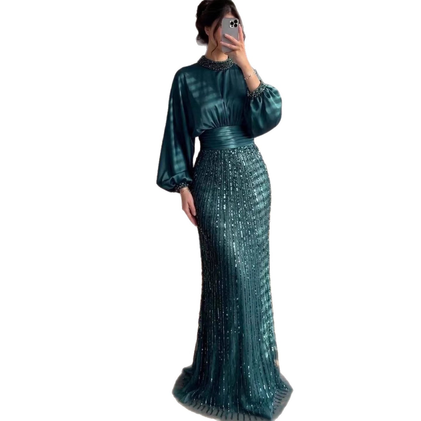 Luxury Muslim Green Satin Beaded Mermaid Evening Dress CLA73676