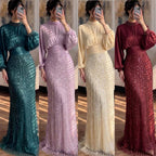 Luxury Muslim Green Satin Beaded Mermaid Evening Dress CLA73676