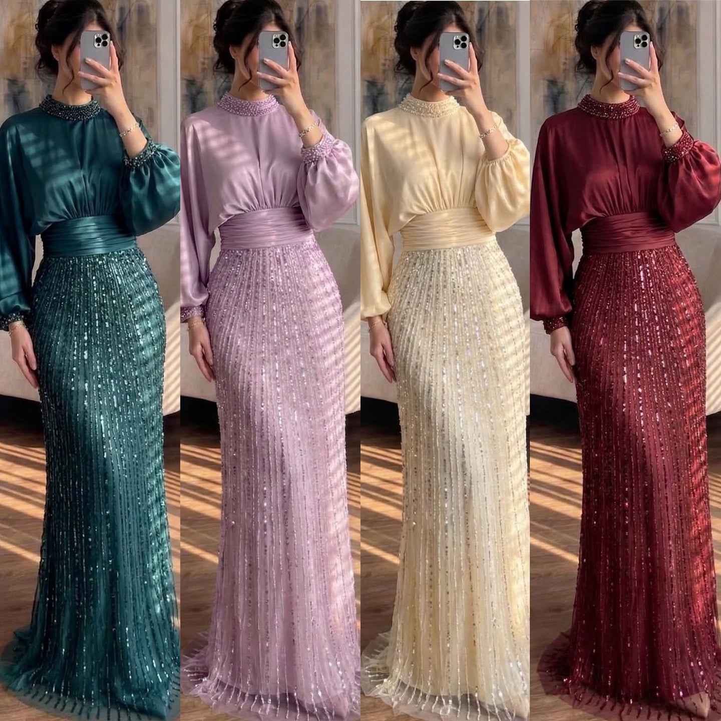 Luxury Muslim Green Satin Beaded Mermaid Evening Dress CLA73676