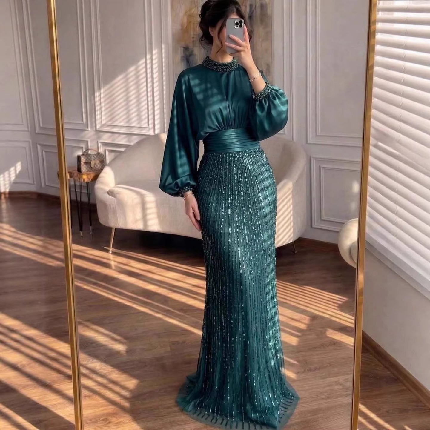 Luxury Muslim Green Satin Beaded Mermaid Evening Dress CLA73676