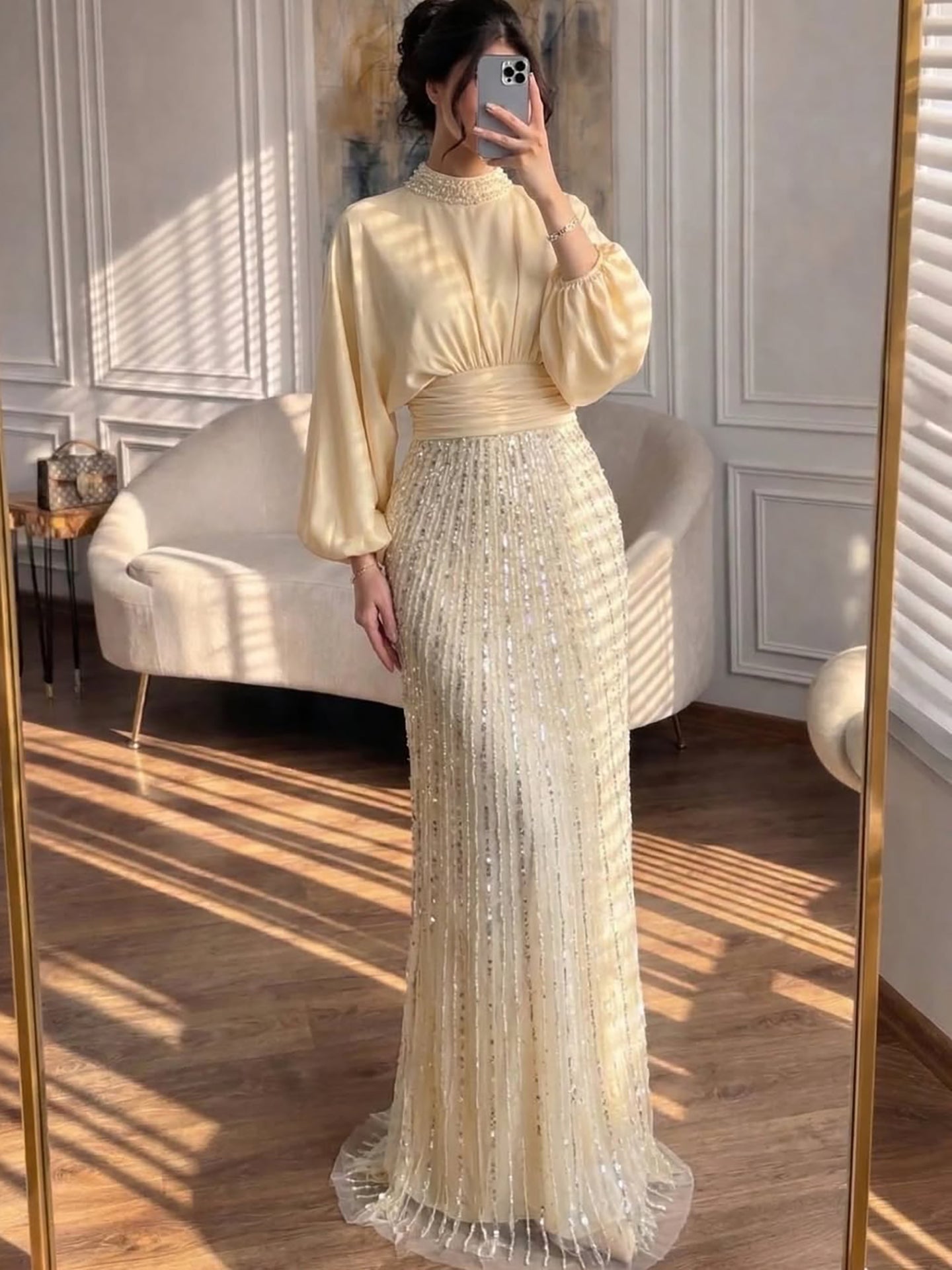 Luxury Muslim Green Satin Beaded Mermaid Evening Dress CLA73676
