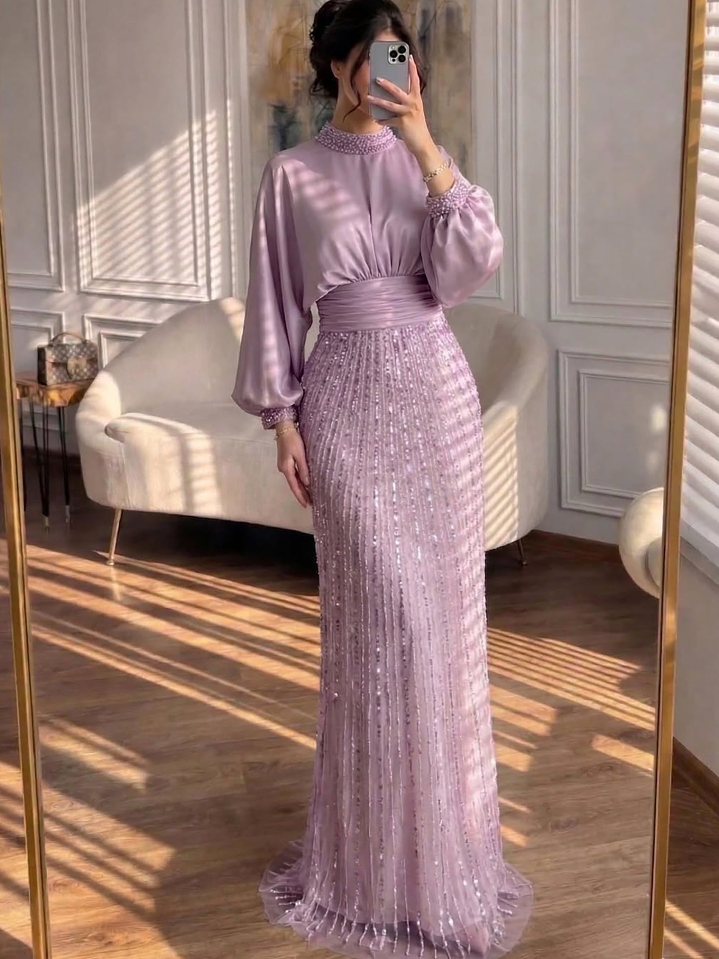 Luxury Muslim Green Satin Beaded Mermaid Evening Dress CLA73676