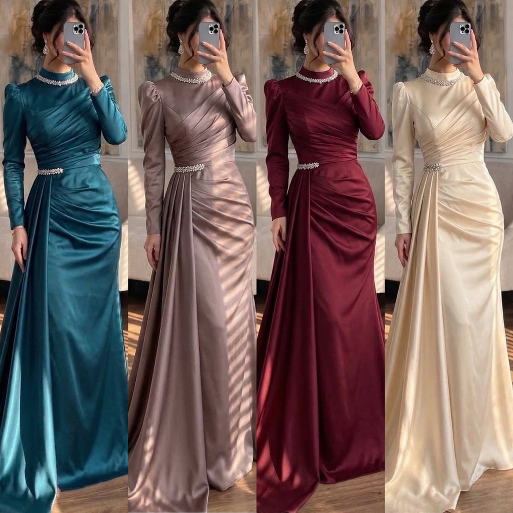 Luxury Muslim Green Satin Crystal Beaded Mermaid Evening Dress CLA73677