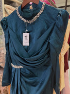 Luxury Muslim Green Satin Crystal Beaded Mermaid Evening Dress CLA73677