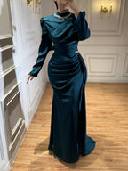 Luxury Muslim Green Satin Crystal Beaded Mermaid Evening Dress CLA73677