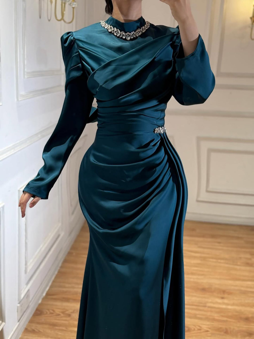 Luxury Muslim Green Satin Crystal Beaded Mermaid Evening Dress CLA73677