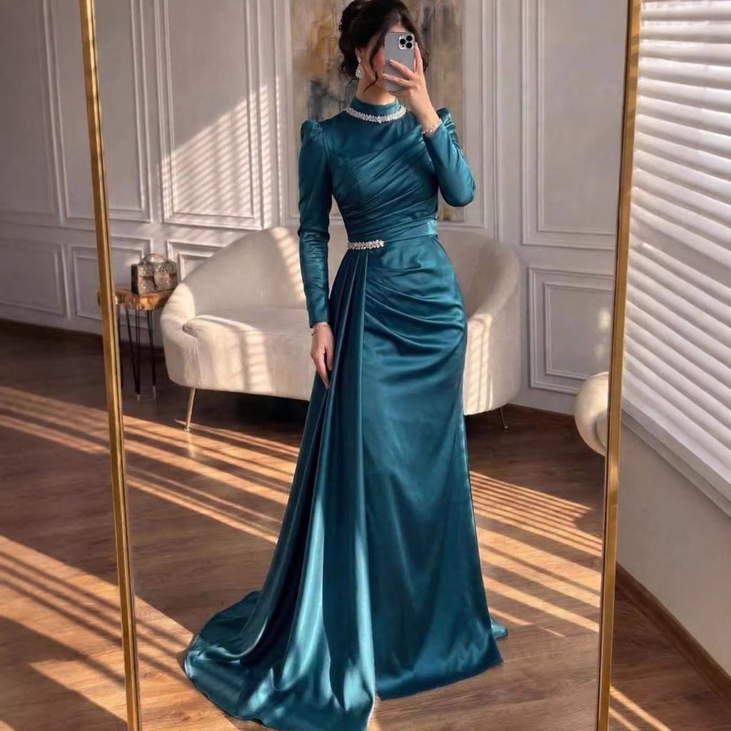 Luxury Muslim Green Satin Crystal Beaded Mermaid Evening Dress CLA73677