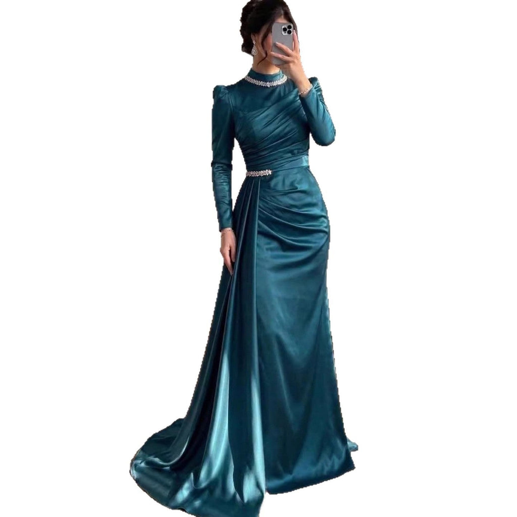Luxury Muslim Green Satin Crystal Beaded Mermaid Evening Dress CLA73677