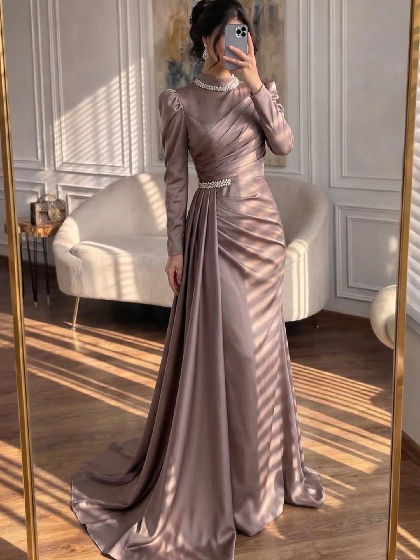 Luxury Muslim Green Satin Crystal Beaded Mermaid Evening Dress CLA73677