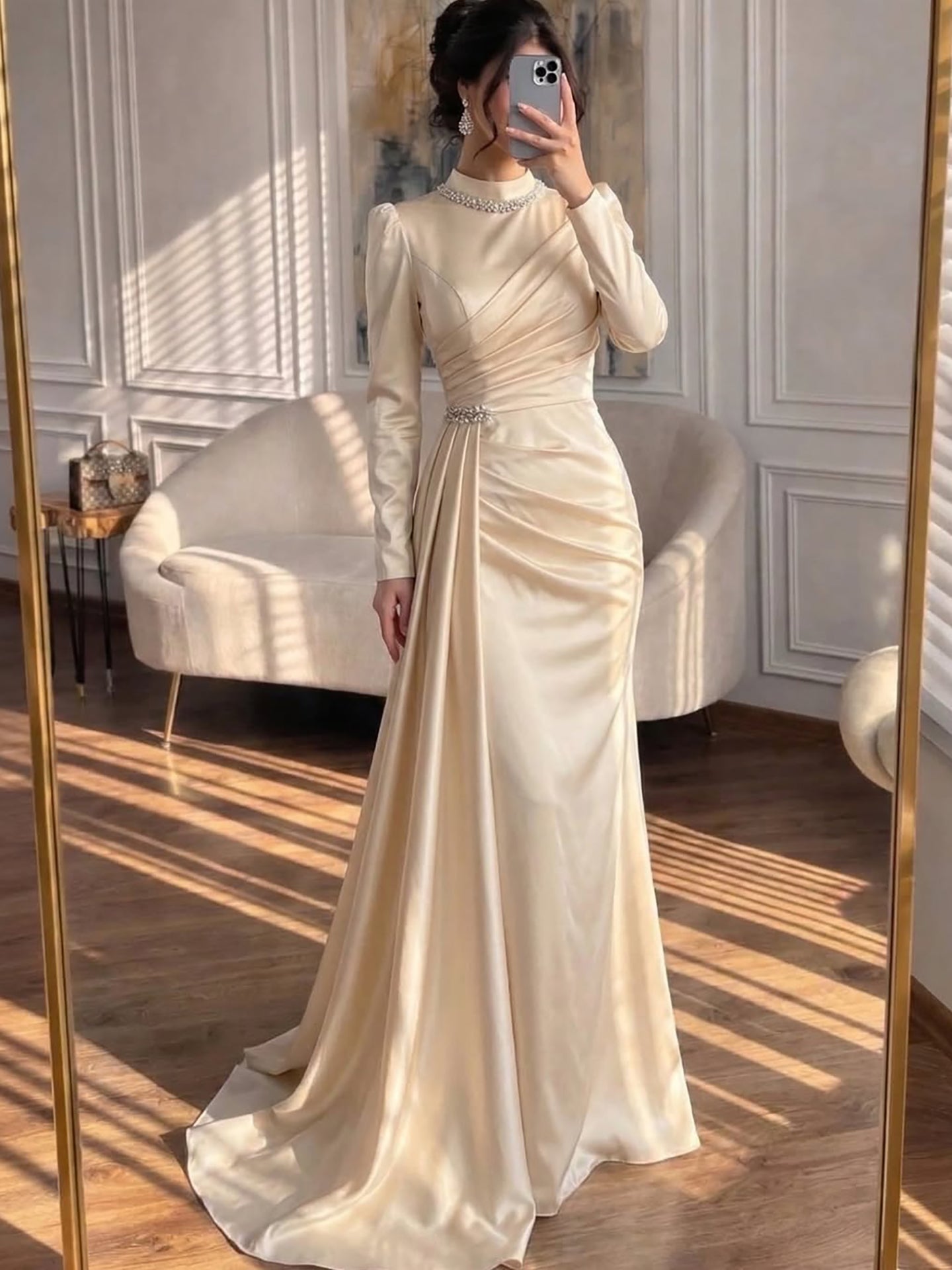 Luxury Muslim Green Satin Crystal Beaded Mermaid Evening Dress CLA73677