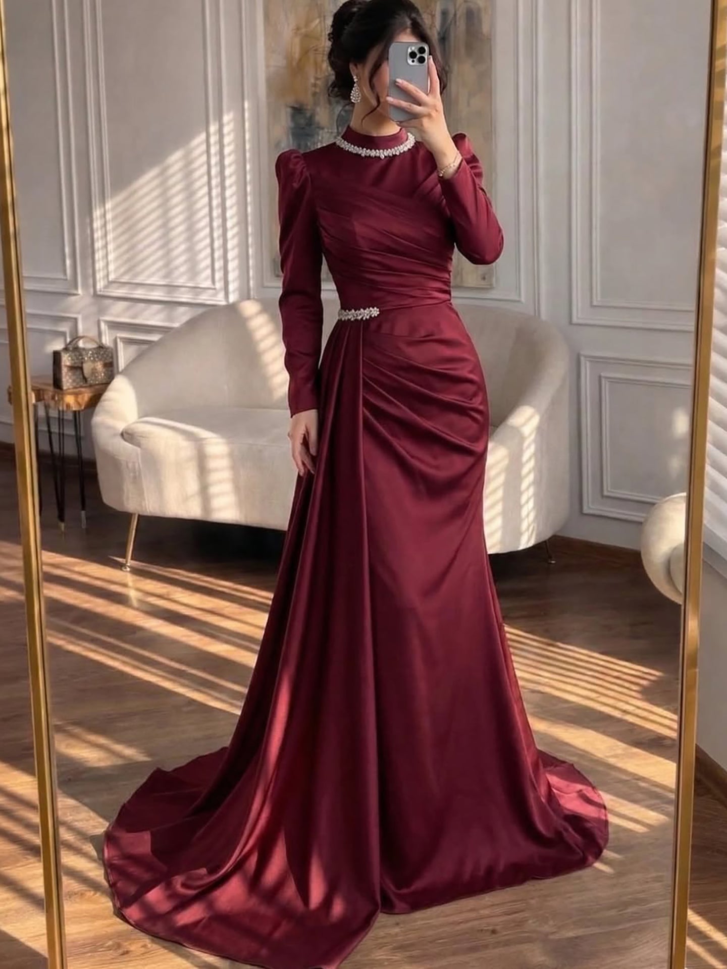 Luxury Muslim Green Satin Crystal Beaded Mermaid Evening Dress CLA73677