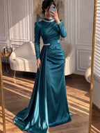 Luxury Muslim Green Satin Crystal Beaded Mermaid Evening Dress CLA73677