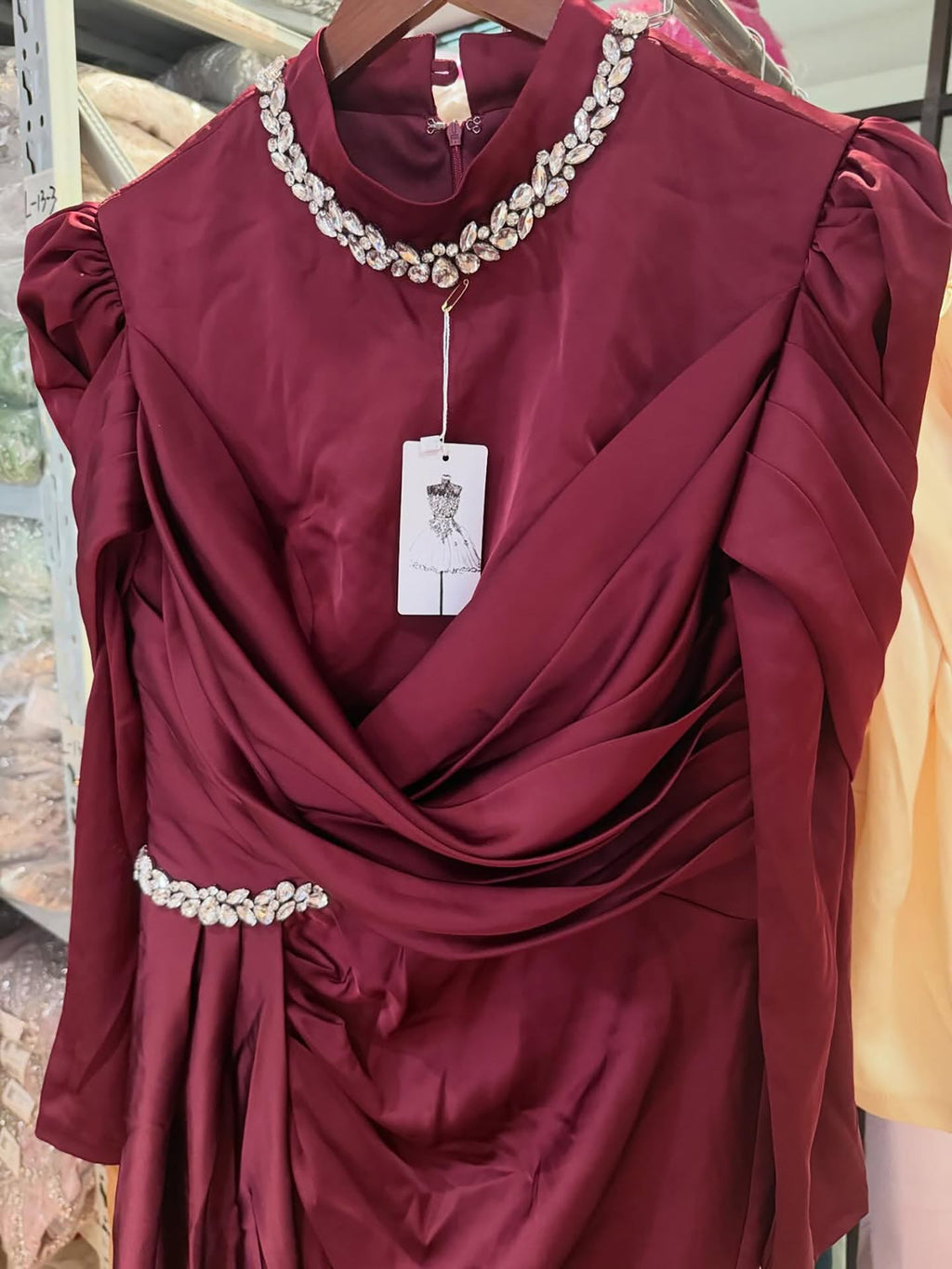 Luxury Wine Red Crystal Mermaid Ruched Long Sleeve Evening Dress CLA73678