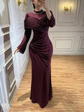 Luxury Wine Red Crystal Mermaid Ruched Long Sleeve Evening Dress CLA73678
