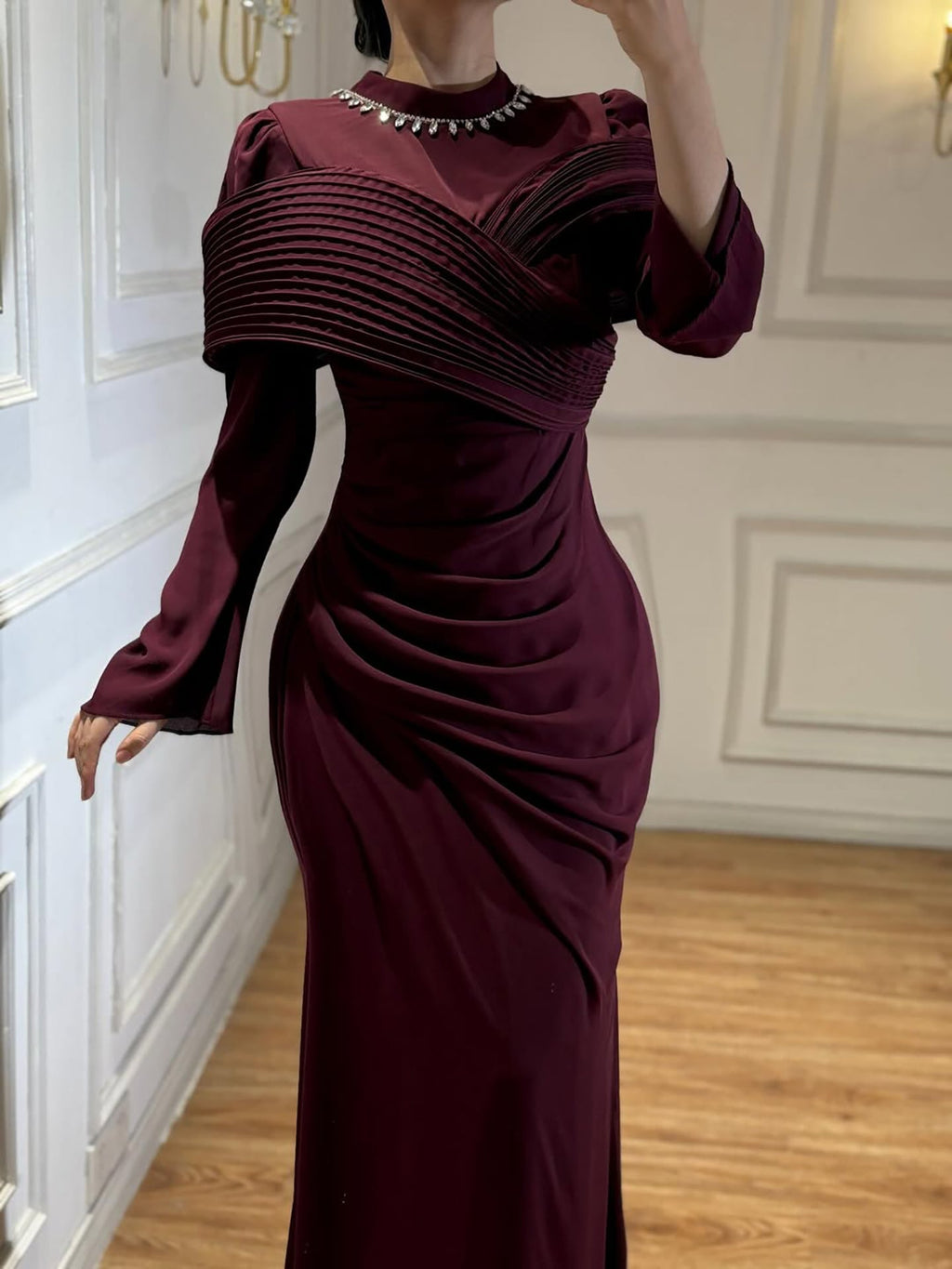 Luxury Wine Red Crystal Mermaid Ruched Long Sleeve Evening Dress CLA73678