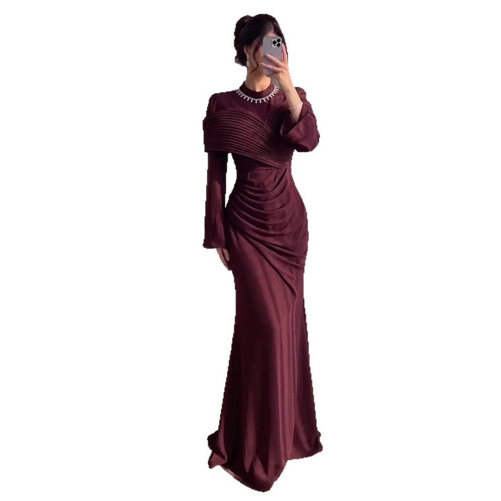 Luxury Wine Red Crystal Mermaid Ruched Long Sleeve Evening Dress CLA73678