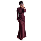 Luxury Wine Red Crystal Mermaid Ruched Long Sleeve Evening Dress CLA73678