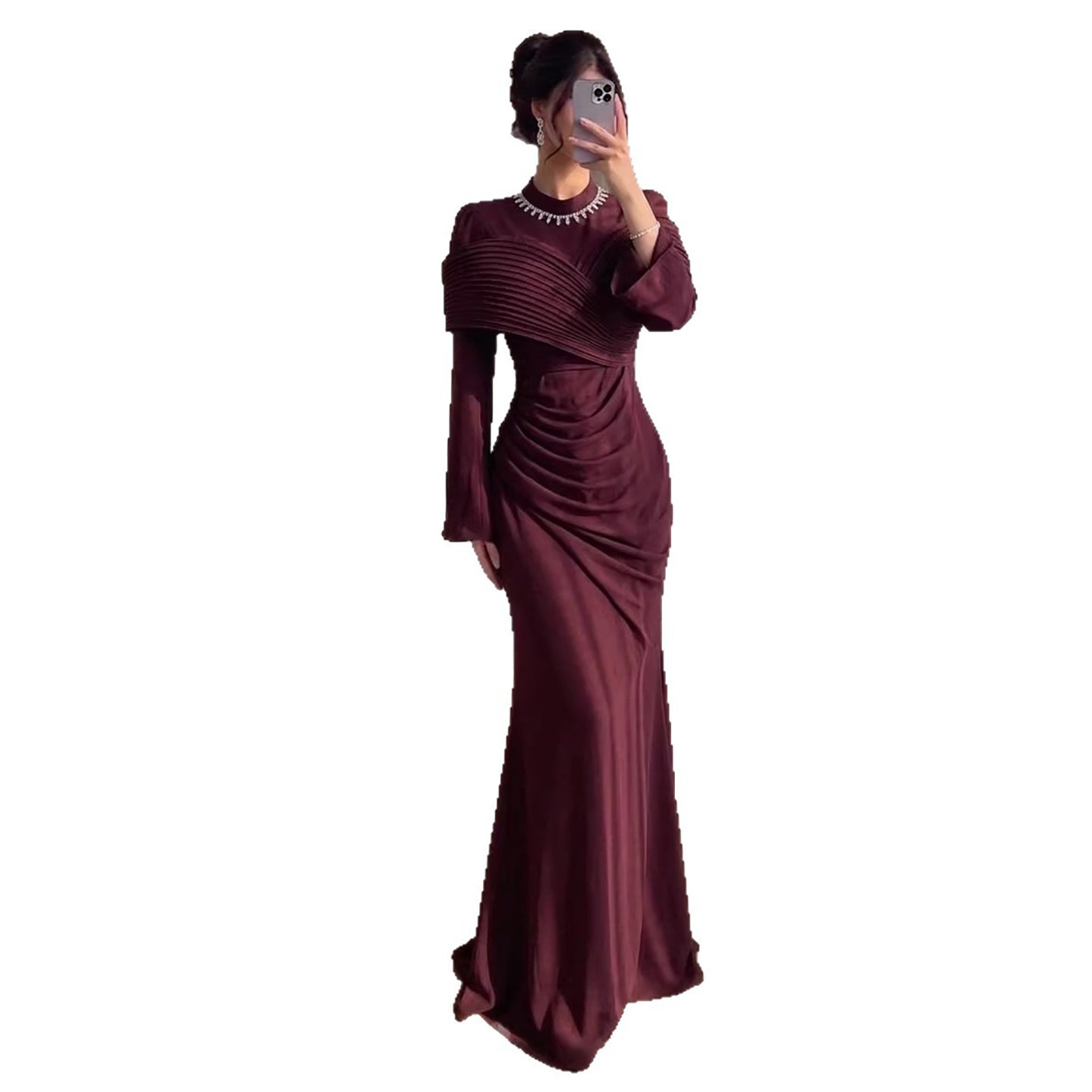 Luxury Wine Red Crystal Mermaid Ruched Long Sleeve Evening Dress CLA73678