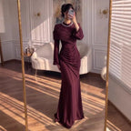 Luxury Wine Red Crystal Mermaid Ruched Long Sleeve Evening Dress CLA73678