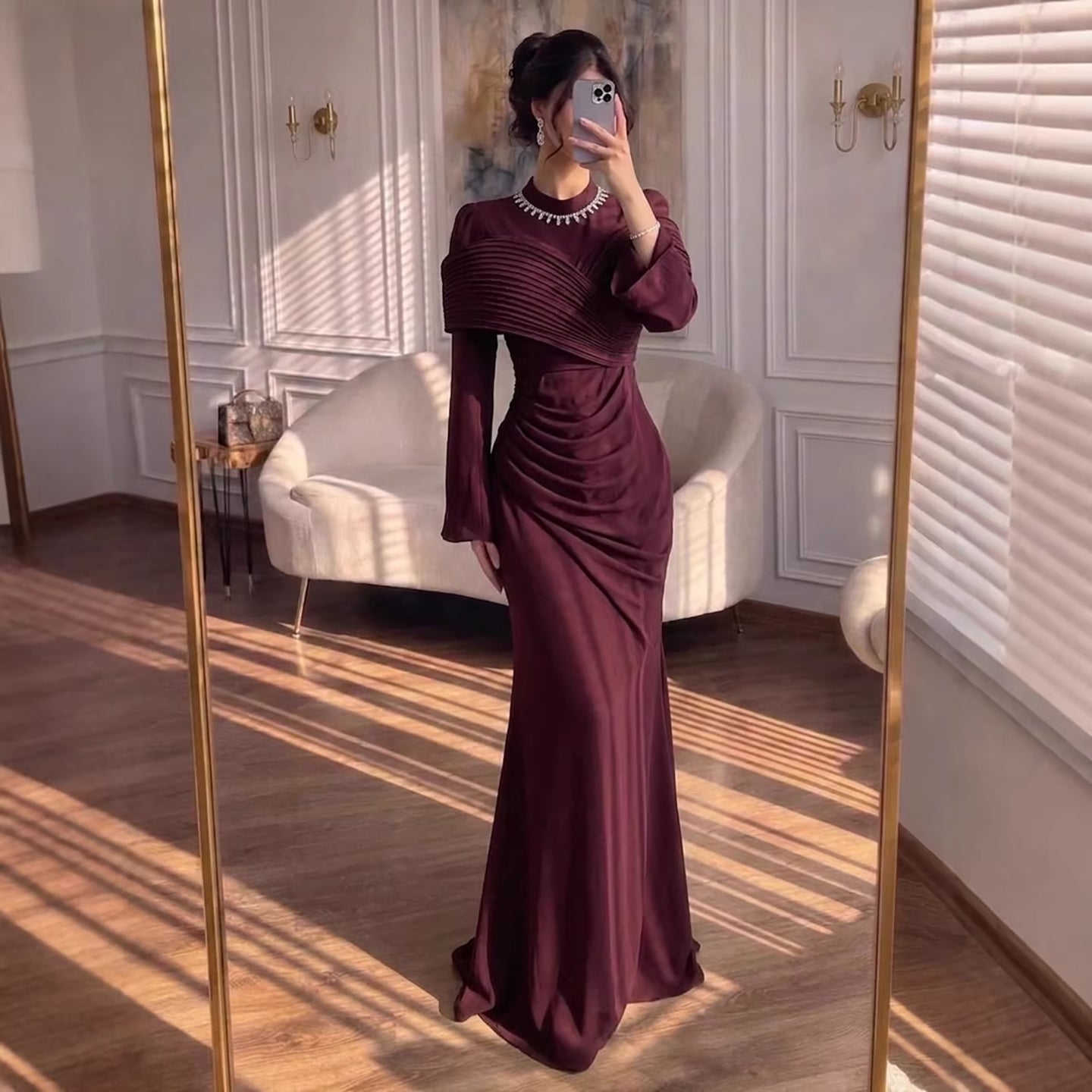 Luxury Wine Red Crystal Mermaid Ruched Long Sleeve Evening Dress CLA73678