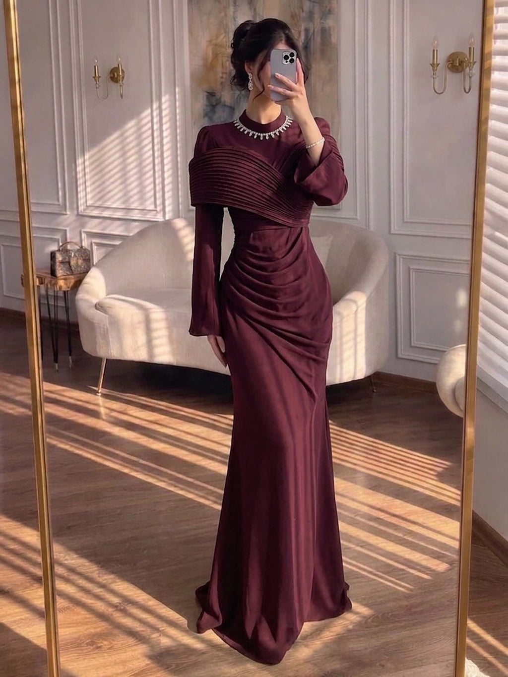 Luxury Wine Red Crystal Mermaid Ruched Long Sleeve Evening Dress CLA73678