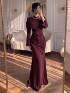 Luxury Wine Red Crystal Mermaid Ruched Long Sleeve Evening Dress CLA73678