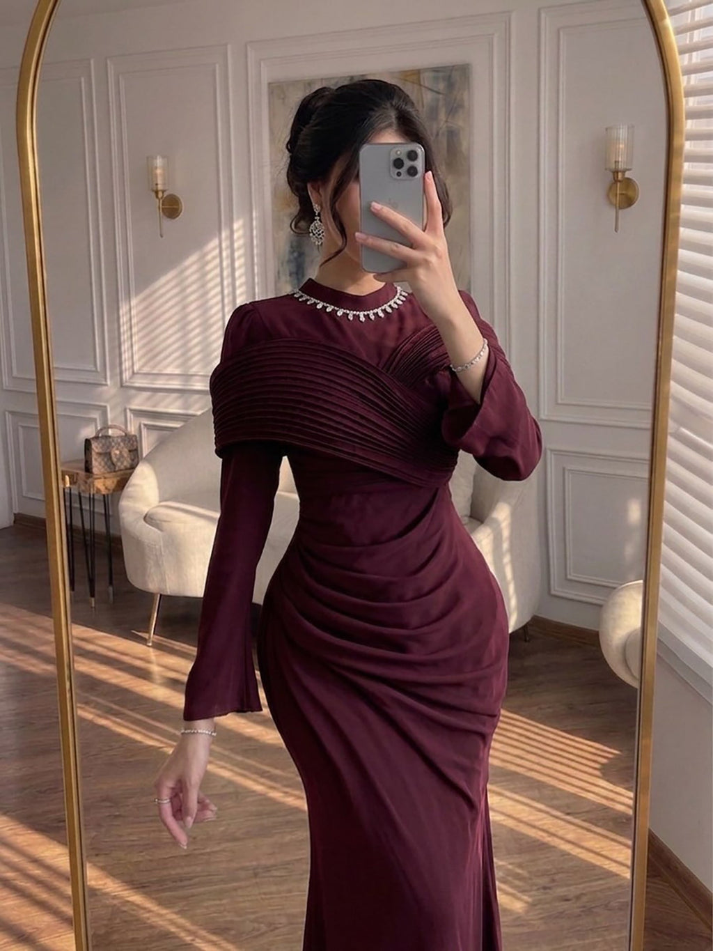 Luxury Wine Red Crystal Mermaid Ruched Long Sleeve Evening Dress CLA73678