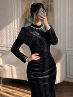 Luxury Wine Red Crystal Mermaid Ruched Long Sleeve Evening Dress CLA73678