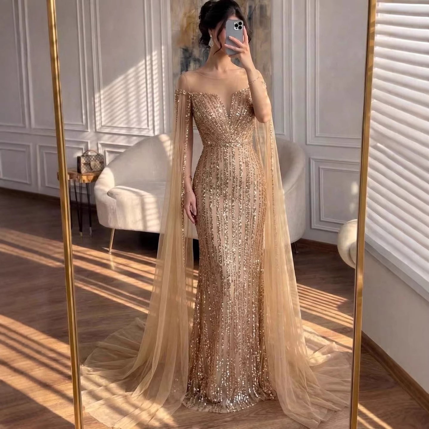 Luxury Gold Beaded Mermaid Evening Dress with Cape Sleeves CLA73679