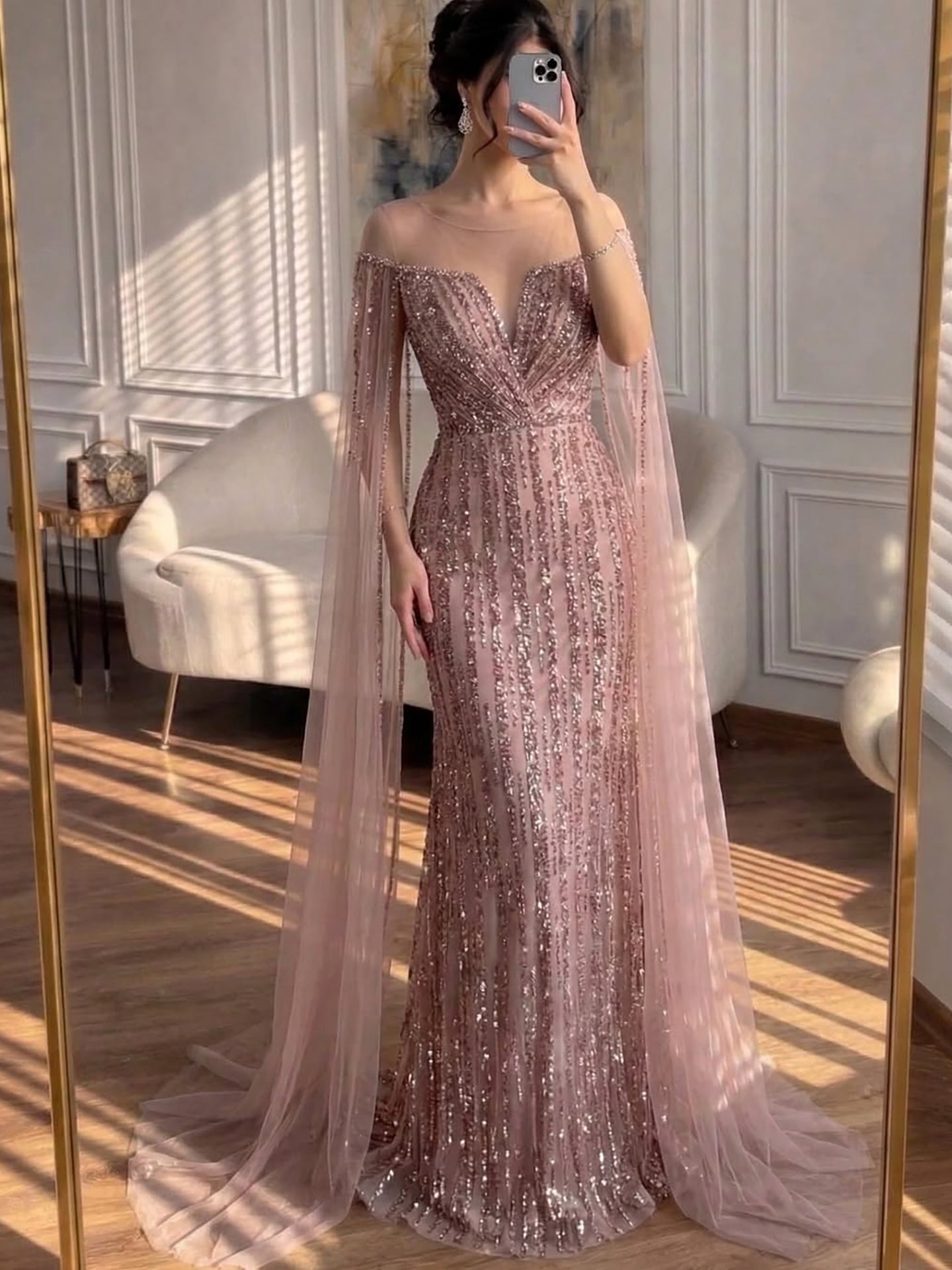 Luxury Gold Beaded Mermaid Evening Dress with Cape Sleeves CLA73679