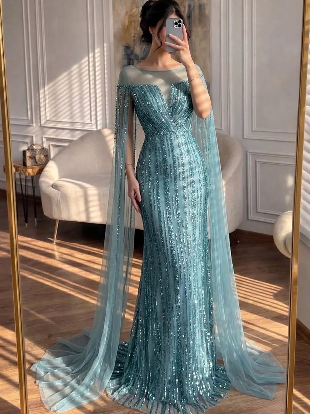 Luxury Gold Beaded Mermaid Evening Dress with Cape Sleeves CLA73679