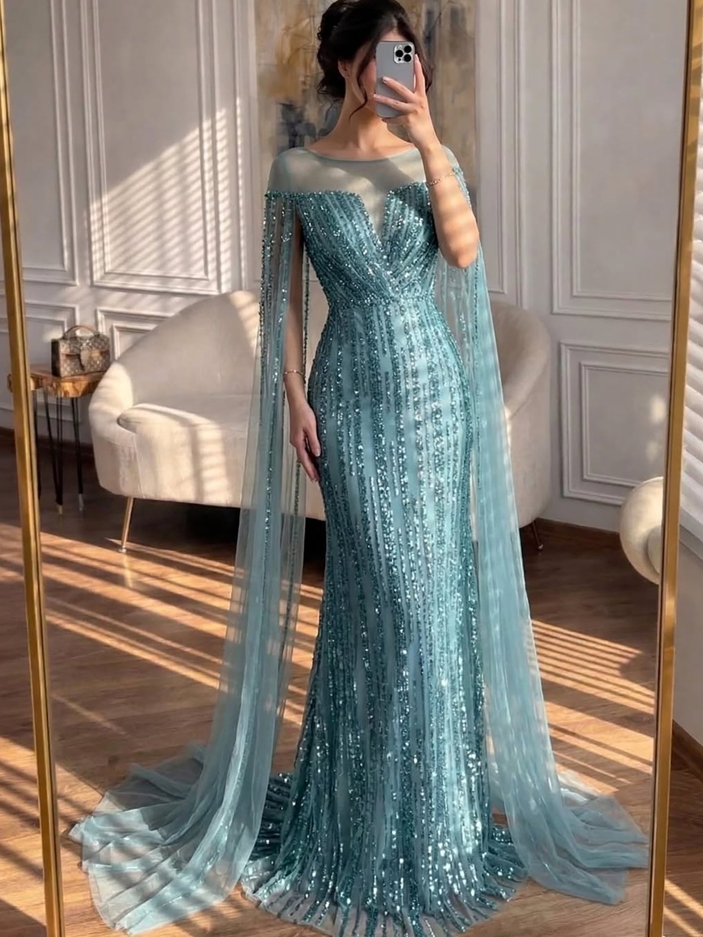 Luxury Gold Beaded Mermaid Evening Dress with Cape Sleeves CLA73679