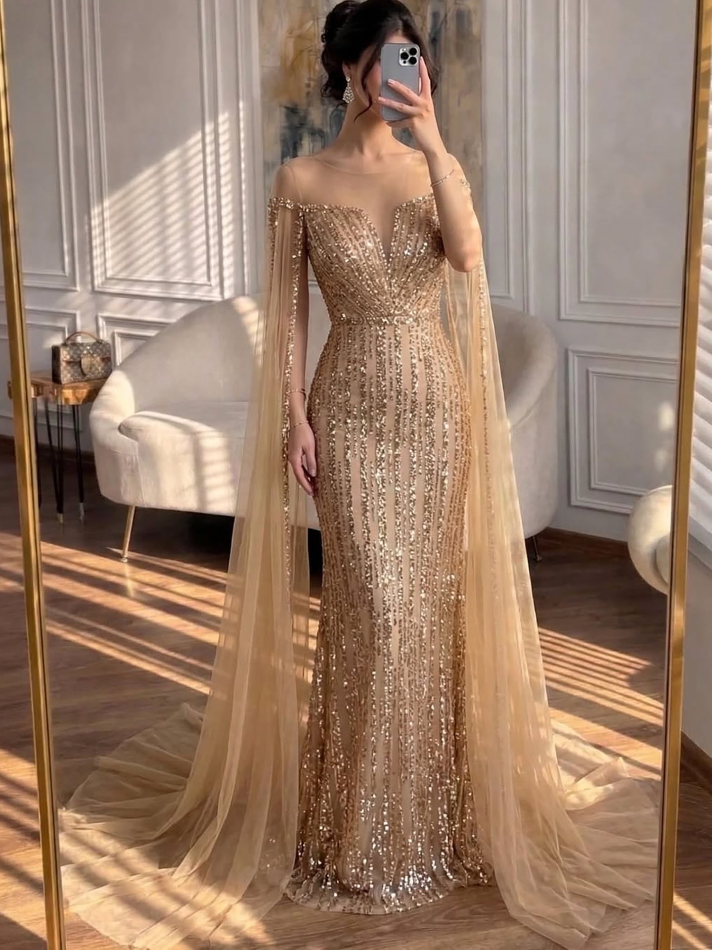 Luxury Gold Beaded Mermaid Evening Dress with Cape Sleeves CLA73679