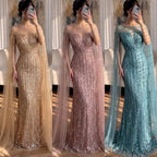 Luxury Gold Beaded Mermaid Evening Dress with Cape Sleeves CLA73679
