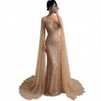 Luxury Gold Beaded Mermaid Evening Dress with Cape Sleeves CLA73679