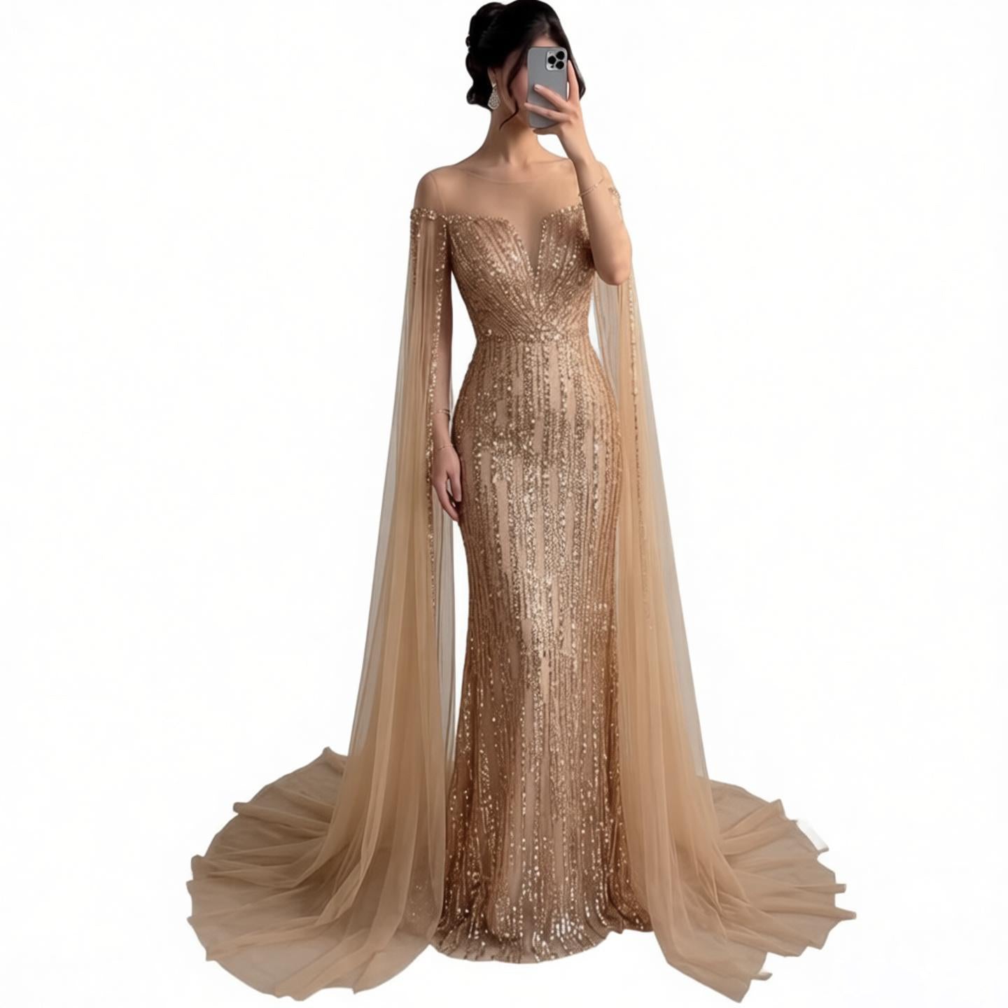Luxury Gold Beaded Mermaid Evening Dress with Cape Sleeves CLA73679