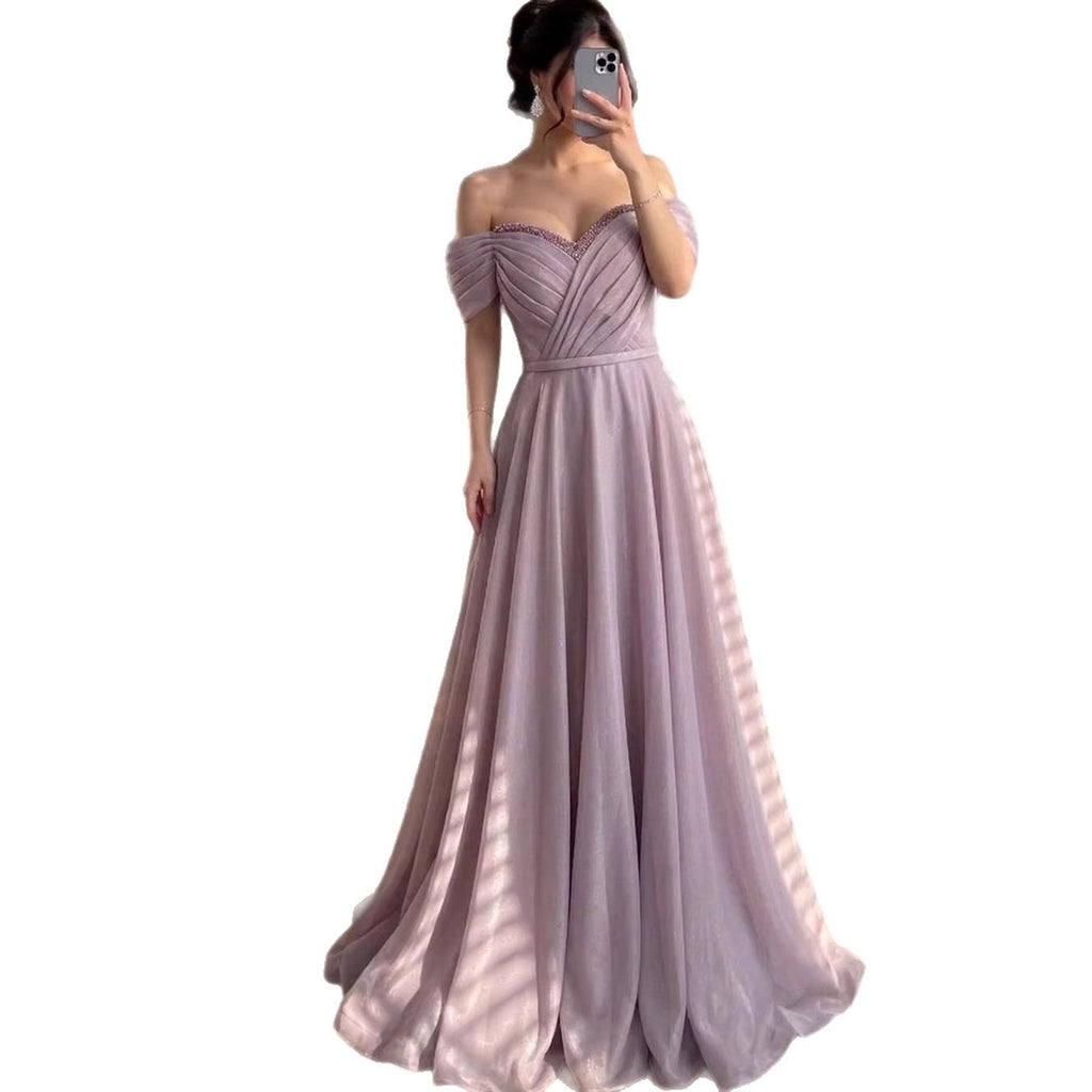 Luxury Pink Off Shoulder A-Line Evening Dress Ruched CLA73681