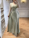 Luxury Sage Green Beaded Long Sleeve Overskirt Mermaid Dress LA73682