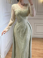 Luxury Sage Green Beaded Long Sleeve Overskirt Mermaid Dress LA73682
