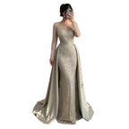 Luxury Sage Green Beaded Long Sleeve Overskirt Mermaid Dress LA73682
