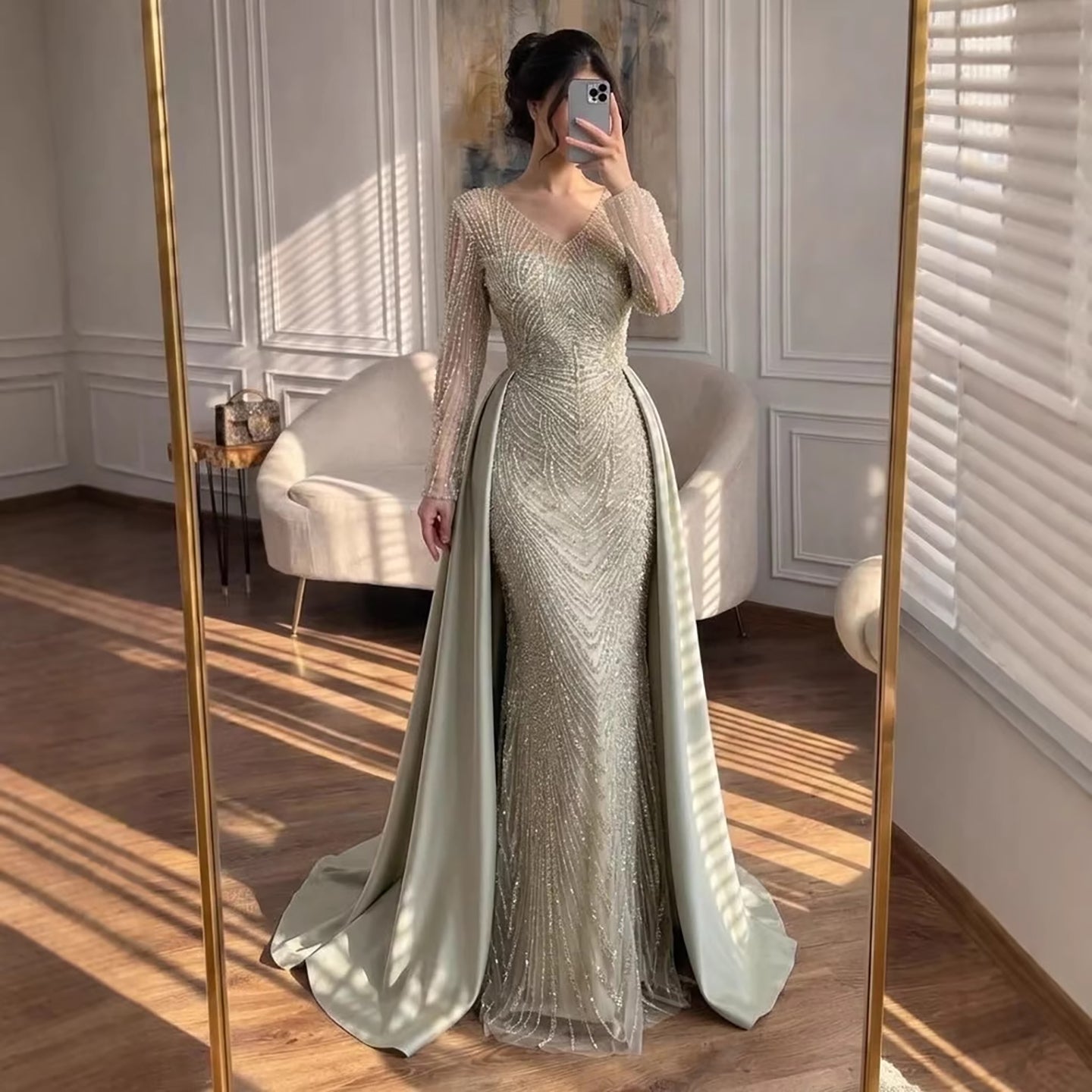 Luxury Sage Green Beaded Long Sleeve Overskirt Mermaid Dress LA73682