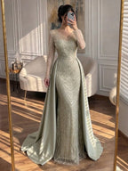 Luxury Sage Green Beaded Long Sleeve Overskirt Mermaid Dress LA73682