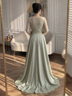 Luxury Sage Green Beaded Long Sleeve Overskirt Mermaid Dress LA73682