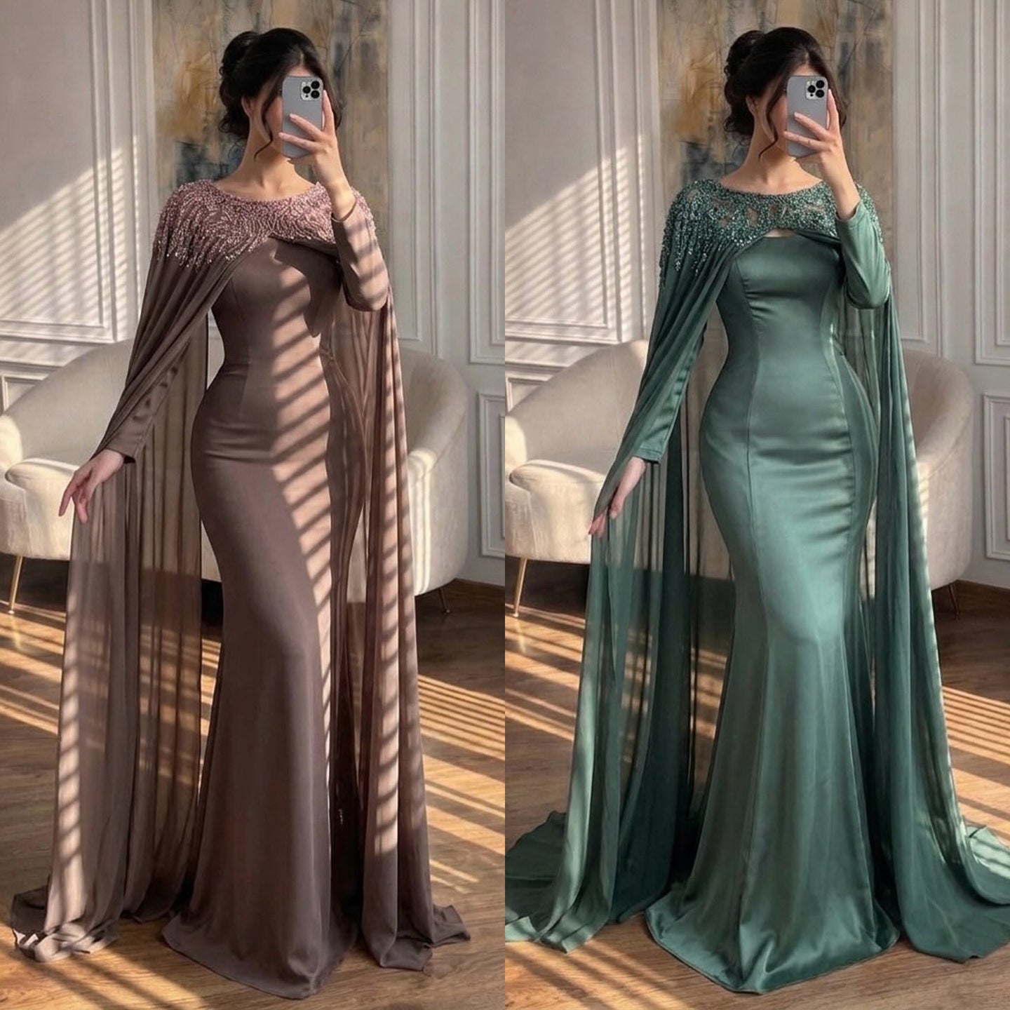 Luxury Green Beaded Cape Long Sleeve Satin Mermaid Dress LA73683