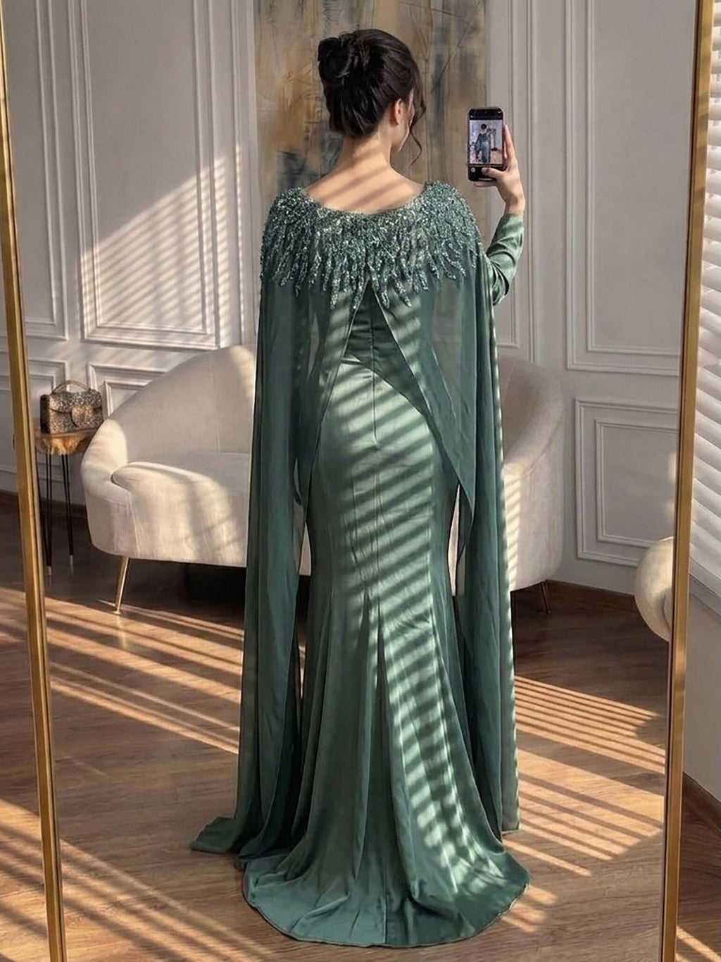 Luxury Green Beaded Cape Long Sleeve Satin Mermaid Dress LA73683