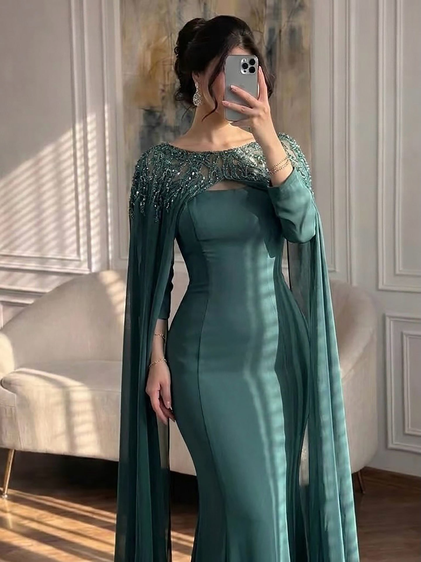 Luxury Green Beaded Cape Long Sleeve Satin Mermaid Dress LA73683