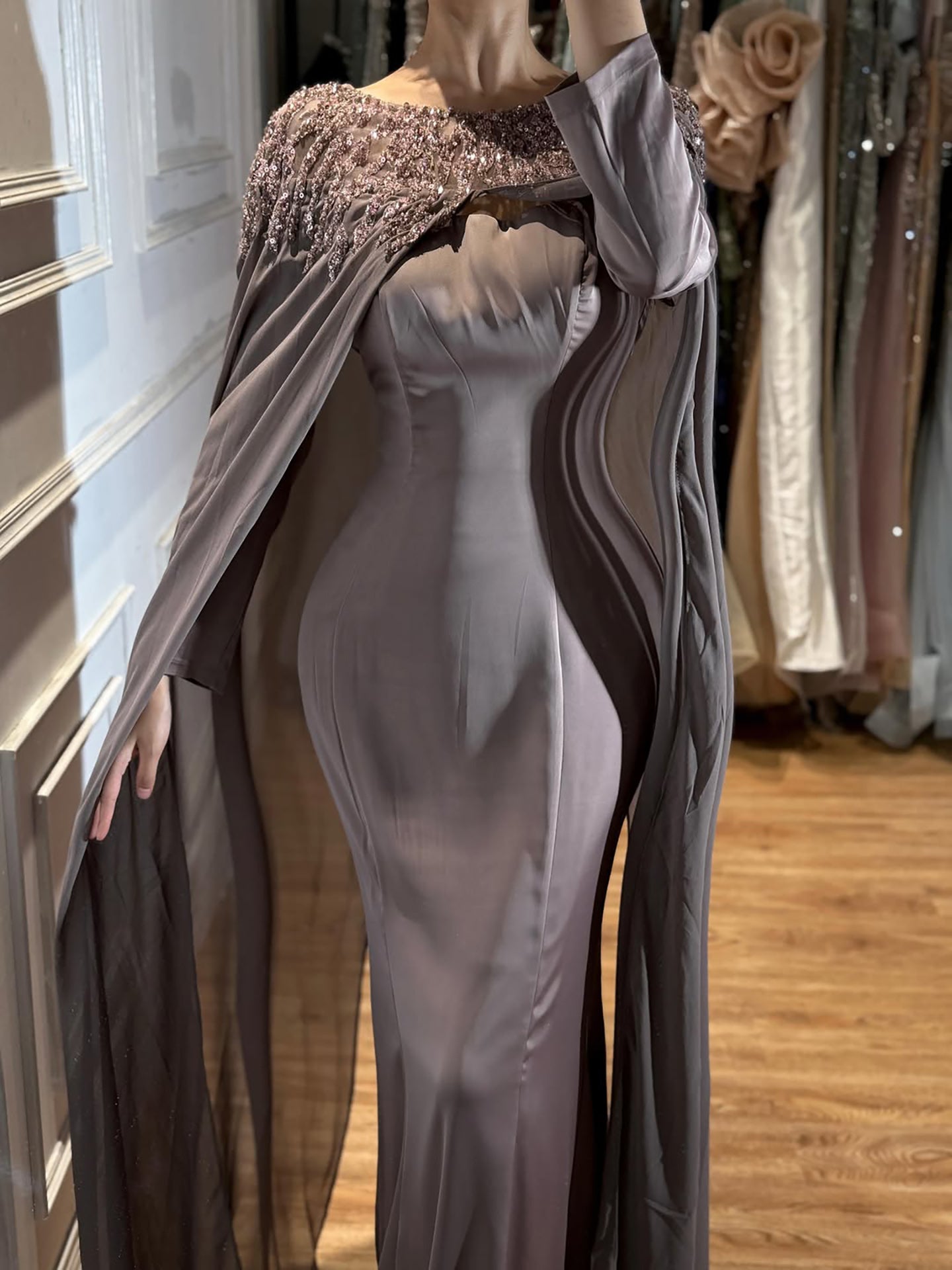 Luxury Green Beaded Cape Long Sleeve Satin Mermaid Dress LA73683